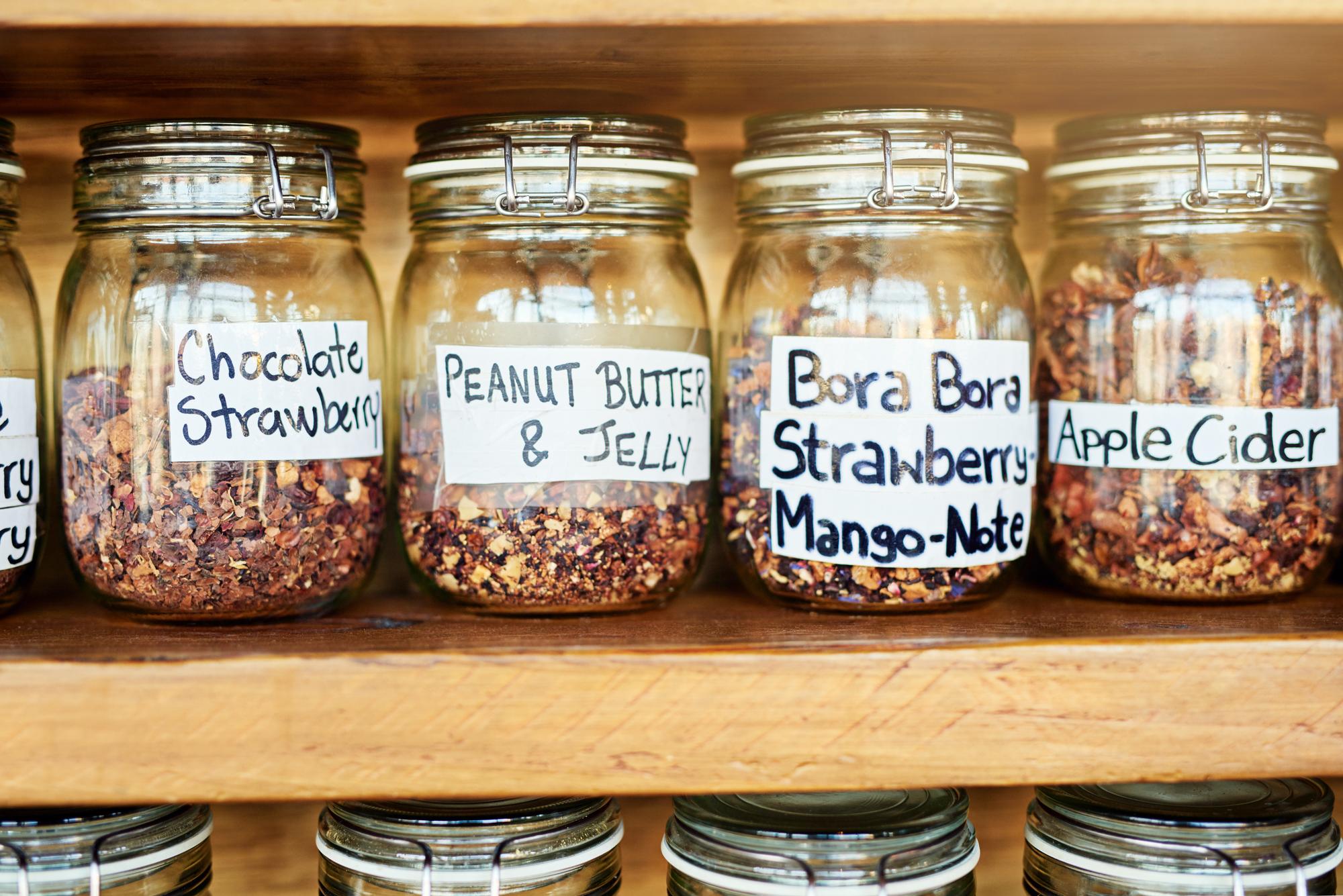 flat lay of curated pantry jars and labels